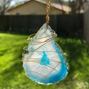 Blue White Geode Agate 10k Gold Necklace